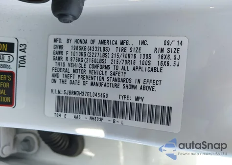 2014 Honda Cr-V Lx из США, поврежденный, VIN 5J6RM3H37EL045450